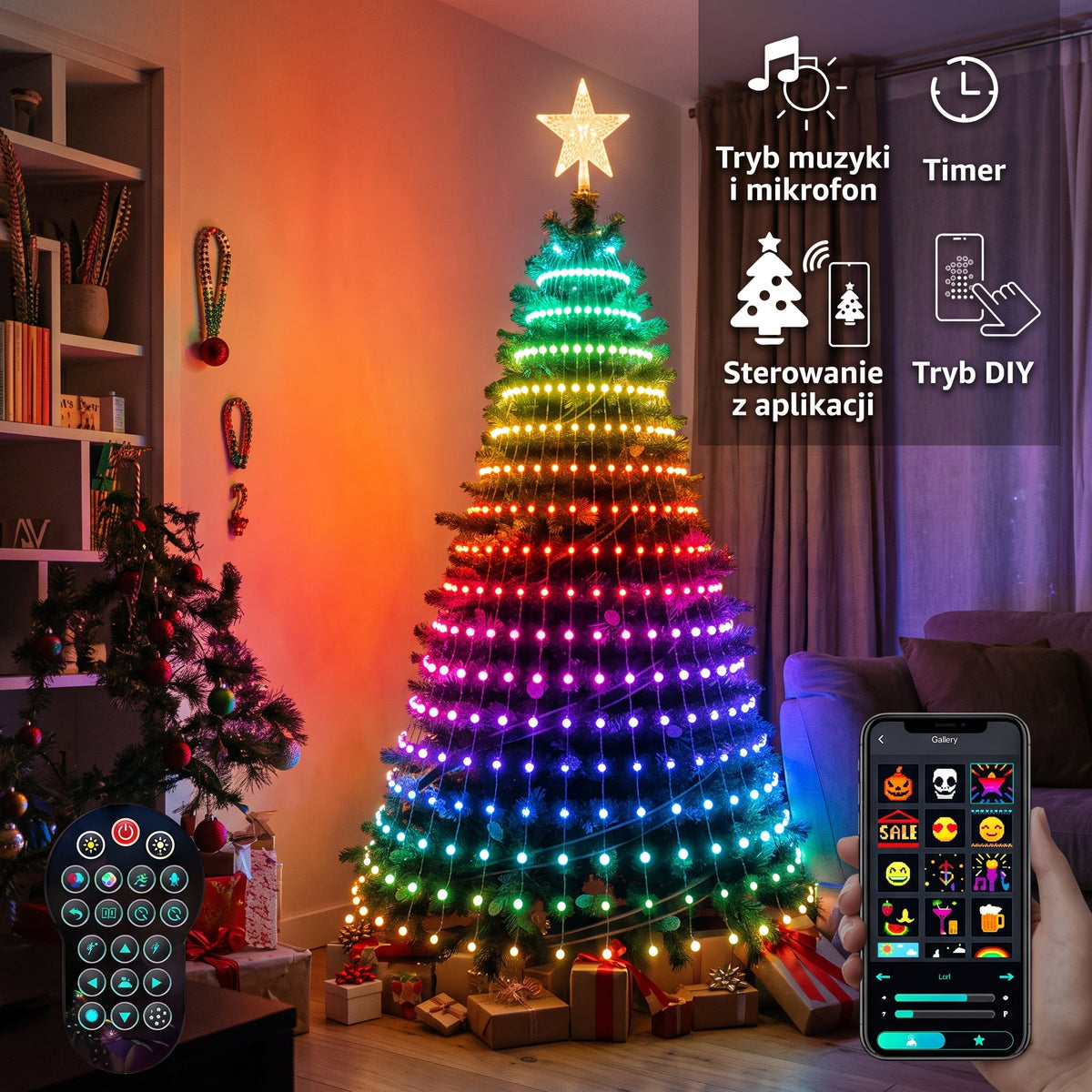 Lampki choinkowe Lumo Tree 1,8 m w tęczowych kolorach na choince w salonie, z pilotem i aplikacją