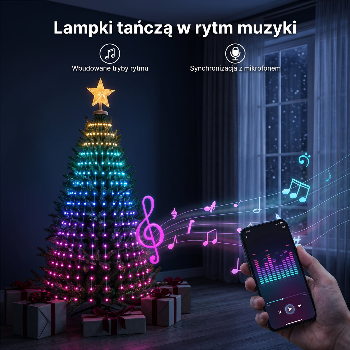Lampki Lumo Tree pulsujące w rytm muzyki – tryb rytmu i synchronizacja z mikrofonem