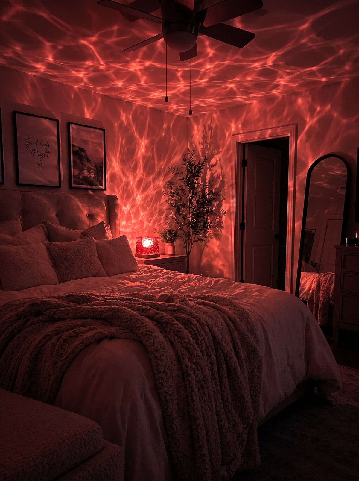 Sypialnia w czerwonym świetle fal z lampki Lumo Wave